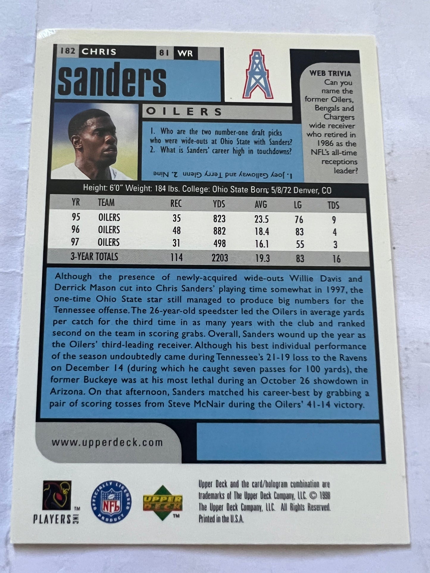 Chris Sanders Tennessee Oilers #182 - 1998 Upper Deck UD Choice