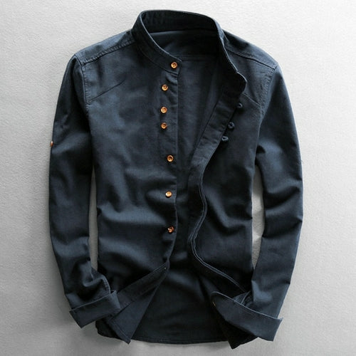 Japan Style Mens Linen Cotton Shirt Harajuku Stand Collar Long Sleeve