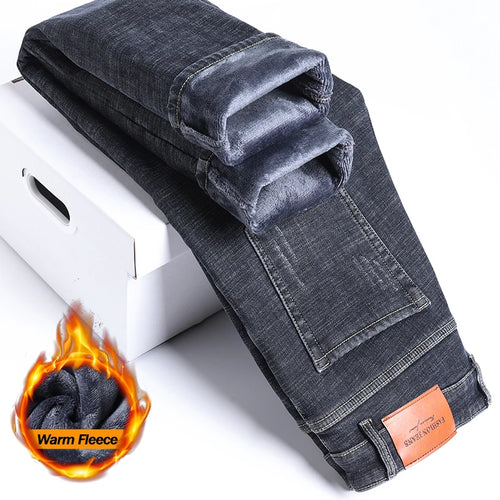 2025 Winter Fleece Jeans Men's Fashion Elastic Slim Straight Warm