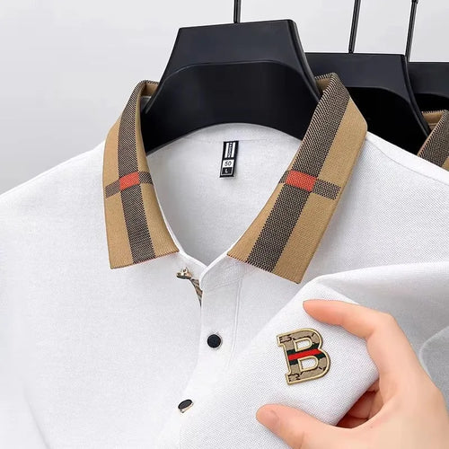 Luxury brand logo short sleeve polo shirt men summer new high-end silk