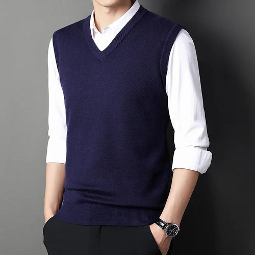 2024 Autumn Winter New Men's Solid Color V-neck Knitted Vest Casual