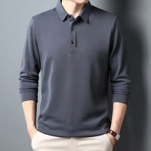 Men's Waffle Long Sleeved POLO Shirt with Letter Printed Lapel Casual