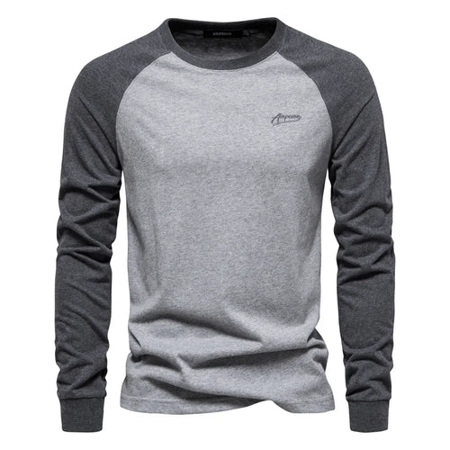 AIOPESON Men's T-shirts 100% Cotton Long Sleeve O-neck Pactwork Casual