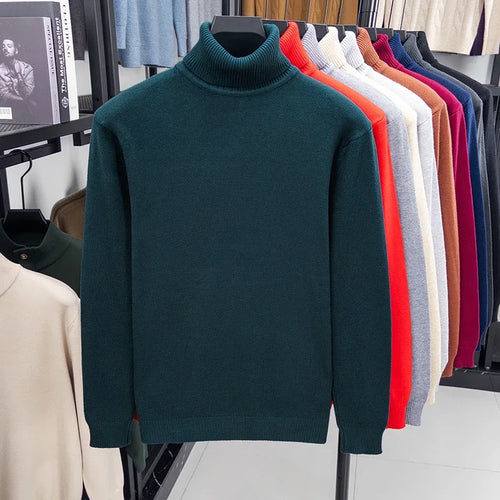 Autumn Mens High Quality Knitted Turtleneck Sweater Slim Fit Long