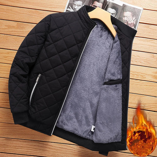Autumn Winter Bomber Jacket Men Diamond Pattern Fleece Lined Casual