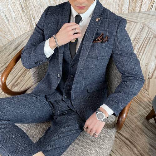 British Korean Style High Quality Modified Plaid Three-Piece Suit for