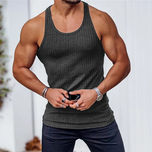 Men's Summer O-neck loose stripe gym Tank top Men Fitness sleeveless