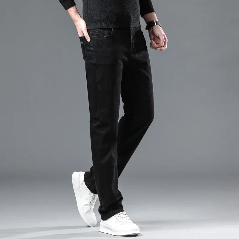 WTHINLEE Winter Men Black Straight Stretch Denim Thick Velvet Pants