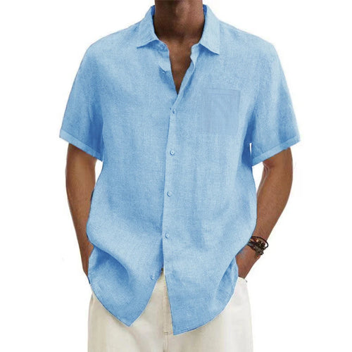 men Cotton Linen Hot Sale Men's Short-Sleeved Shirts Summer Solid