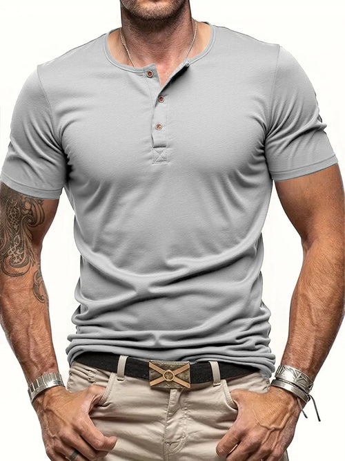 Men's Short Sleeve Henley Neck T-shirt Solid Color Male Tops Slim Fit