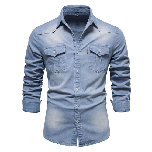 AIOPESON Brand Elastic Cotton Denim Shirt Men Long Sleeve Quality