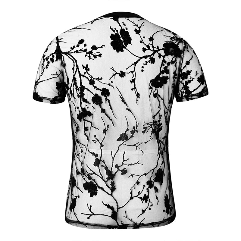 Summer Men's Clothing Mesh Lace Knit T-shirt Streetwear Hollow-Out O