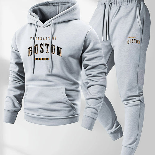 Men's Boston print hooded sweatshirt and sweatpants soft and