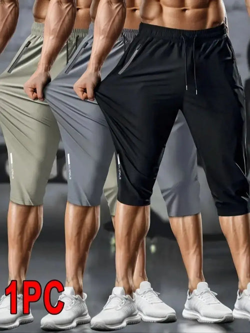 1pc Men's Lightweight Athletic Cropped Pants with Drawstring, Zippered