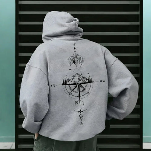 Vintage Compass Print Hoodies for Men High Quality Hooded Long Sleeve