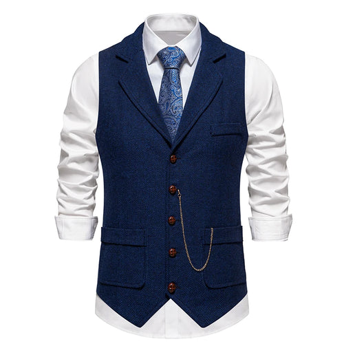 Men's Retro Lapel Chain Vest Fashion Herringbone Coarse Tweed Pockets