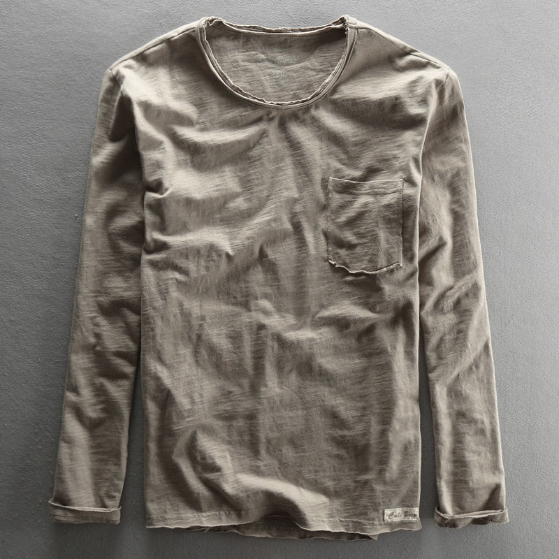 2022 Fashionable Vintage Solid Bamboo Cotton Long Sleeve O-neck