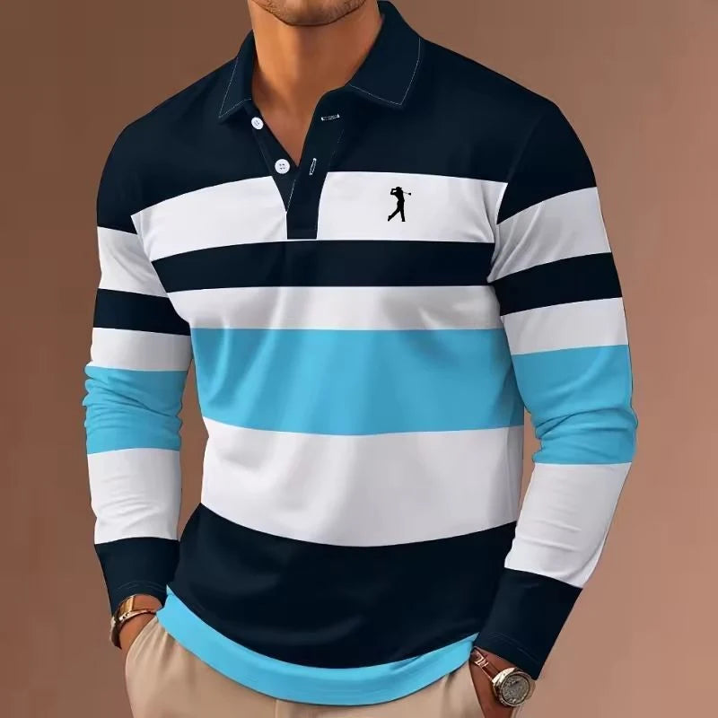 Men's Stripes Rugby Polo Long Sleeve Polo Shirts Collared Shirts