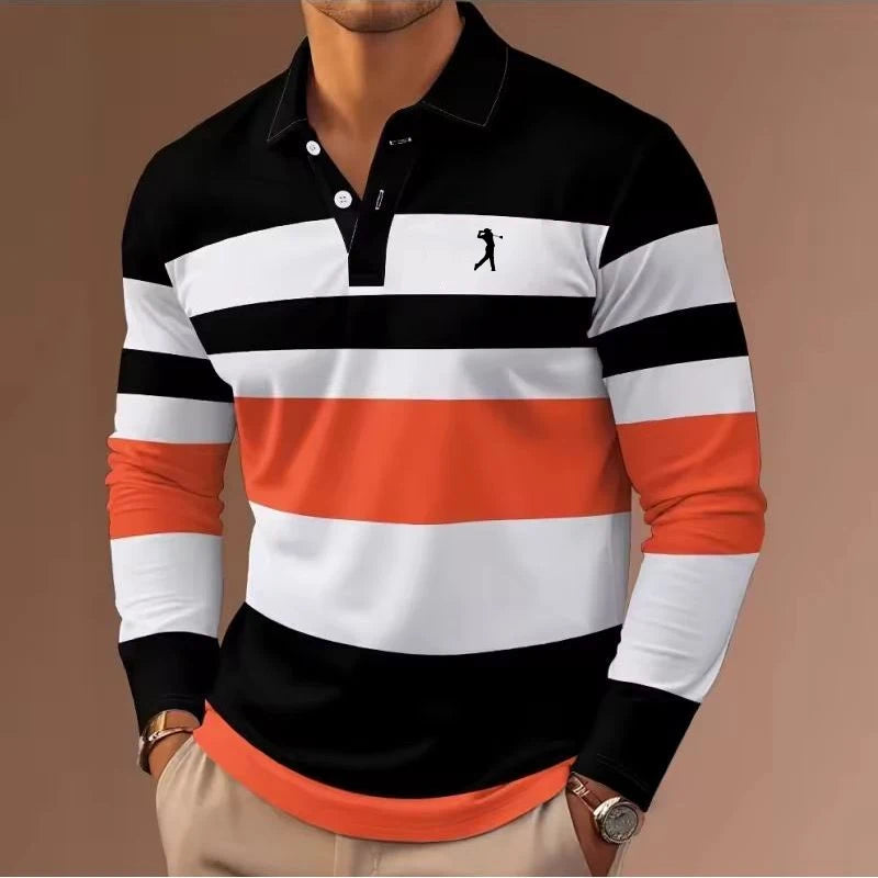 Men's Stripes Rugby Polo Long Sleeve Polo Shirts Collared Shirts