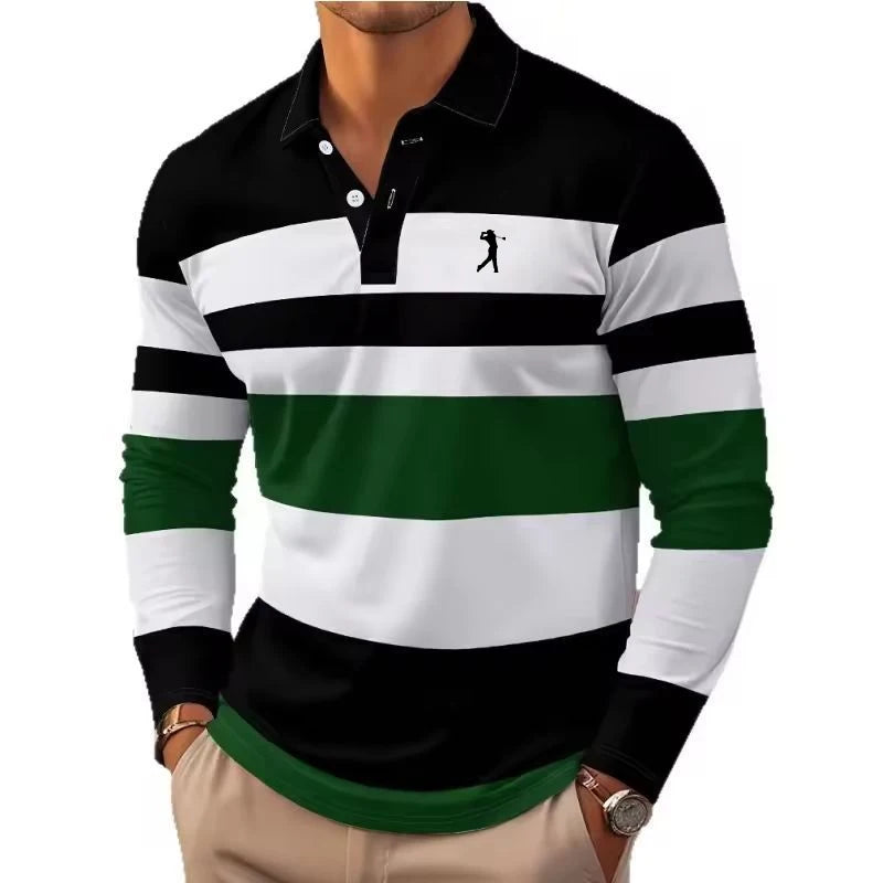 Men's Stripes Rugby Polo Long Sleeve Polo Shirts Collared Shirts