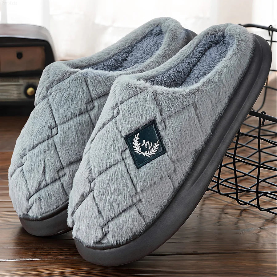 Men's House Slippers Furry Plaid cozy EVA Memory Foam Lightweight