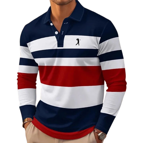 Men's Stripes Rugby Polo Long Sleeve Polo Shirts Collared Shirts