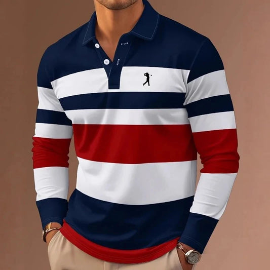 Men's Stripes Rugby Polo Long Sleeve Polo Shirts Collared Shirts