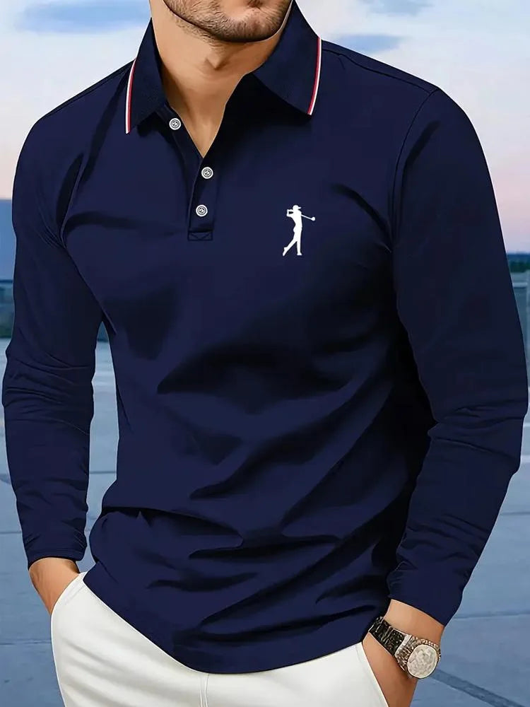 Breathable Men's Casual Long Sleeve Polo Shirt Comfortable Fit Graphic