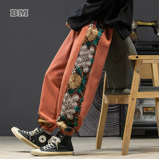 Spring Autumn Fashion Plus Size Casual Pants Men Clothing Embroidery
