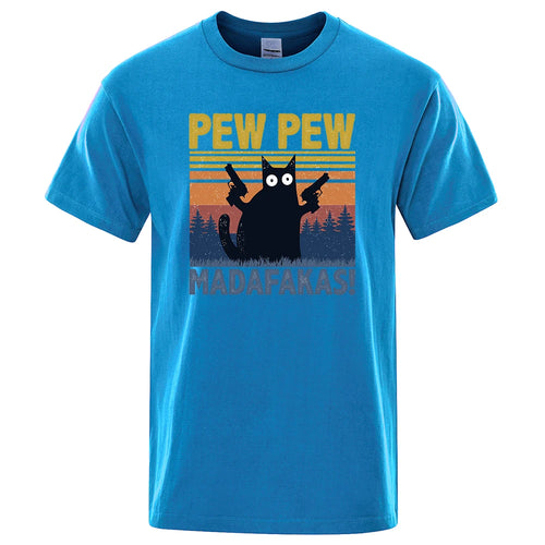 Pew Pew Madafakas Tshirt Men Short Sleeve Novelty Funny Cat T Shirt