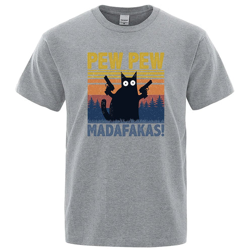 Pew Pew Madafakas Tshirt Men Short Sleeve Novelty Funny Cat T Shirt