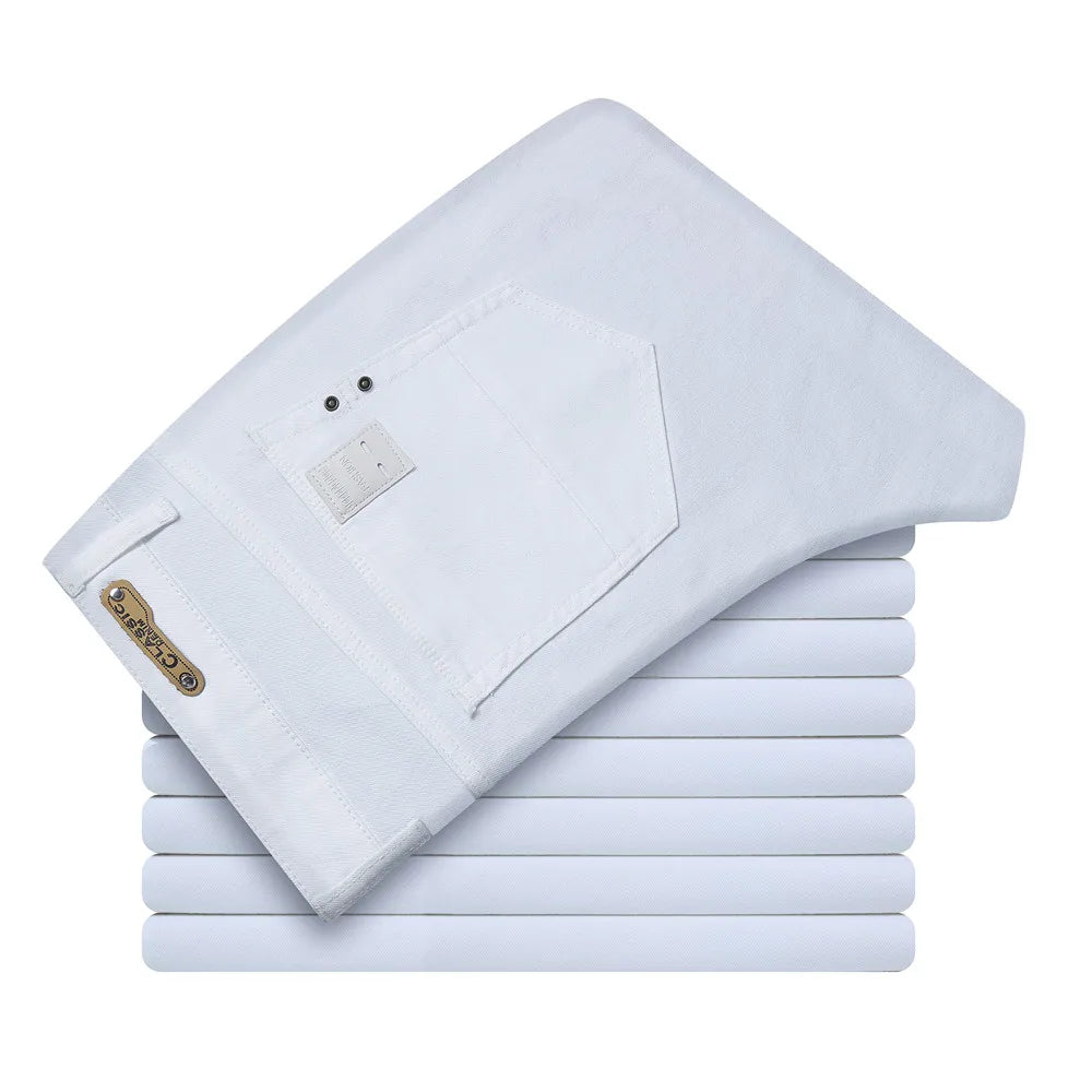 Men White Jeans Fashion Casual Classic Style Slim Fit Soft Trousers