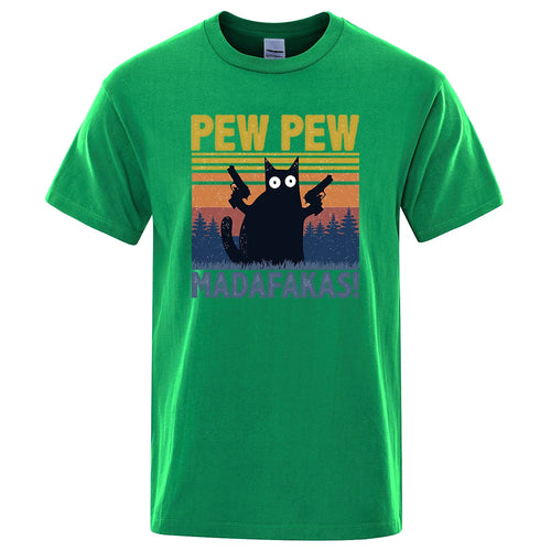 Pew Pew Madafakas Tshirt Men Short Sleeve Novelty Funny Cat T Shirt