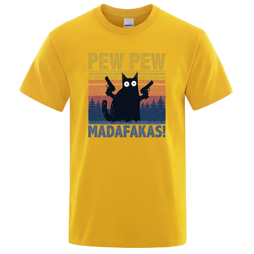 Pew Pew Madafakas Tshirt Men Short Sleeve Novelty Funny Cat T Shirt
