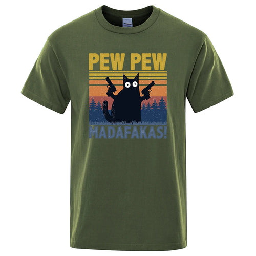 Pew Pew Madafakas Tshirt Men Short Sleeve Novelty Funny Cat T Shirt