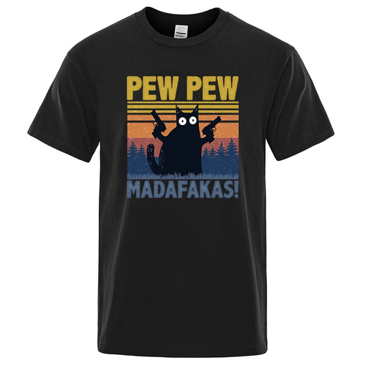 Pew Pew Madafakas Tshirt Men Short Sleeve Novelty Funny Cat T Shirt