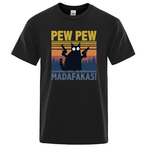 Pew Pew Madafakas Tshirt Men Short Sleeve Novelty Funny Cat T Shirt