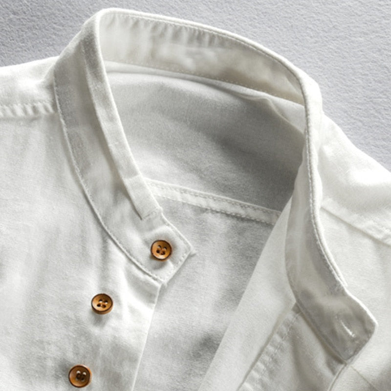 Japan Style Mens Linen Cotton Shirt Harajuku Stand Collar Long Sleeve