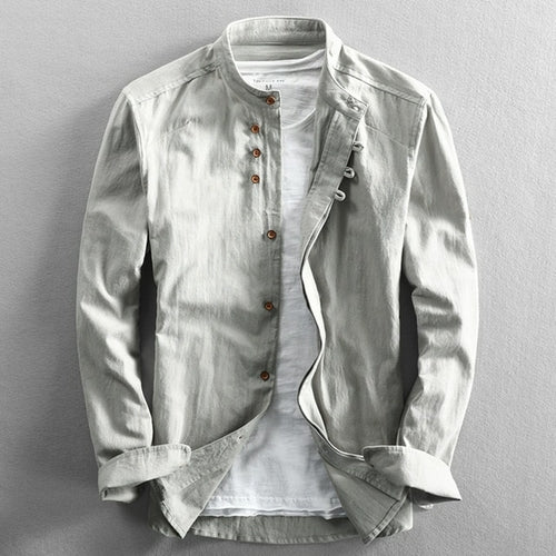 Japan Style Mens Linen Cotton Shirt Harajuku Stand Collar Long Sleeve
