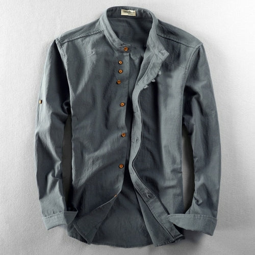 Japan Style Mens Linen Cotton Shirt Harajuku Stand Collar Long Sleeve