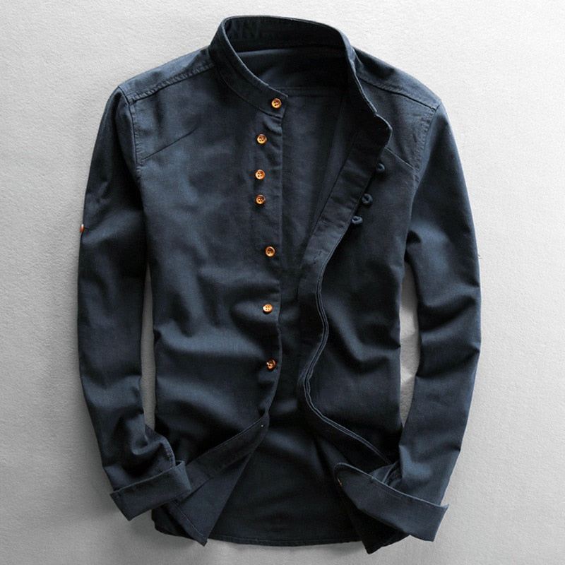 Japan Style Mens Linen Cotton Shirt Harajuku Stand Collar Long Sleeve