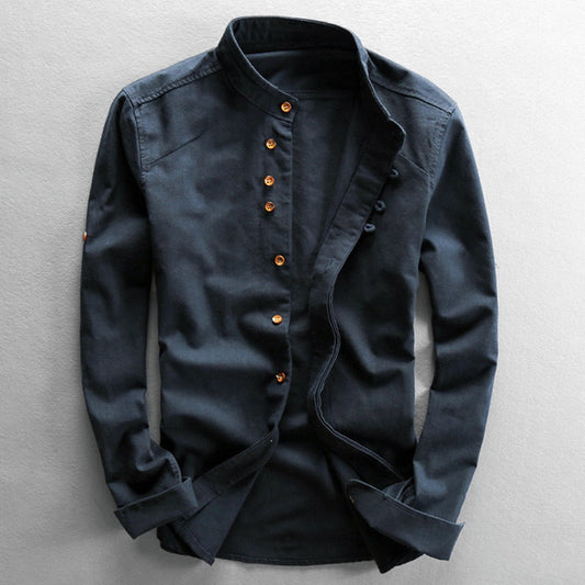 Japan Style Mens Linen Cotton Shirt Harajuku Stand Collar Long Sleeve