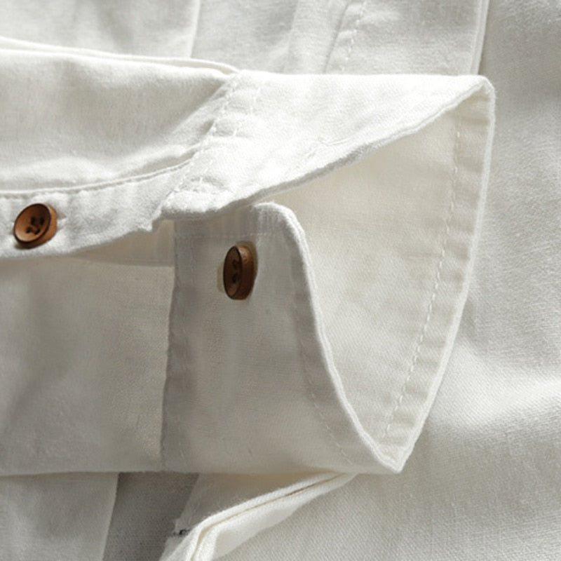 Japan Style Mens Linen Cotton Shirt Harajuku Stand Collar Long Sleeve