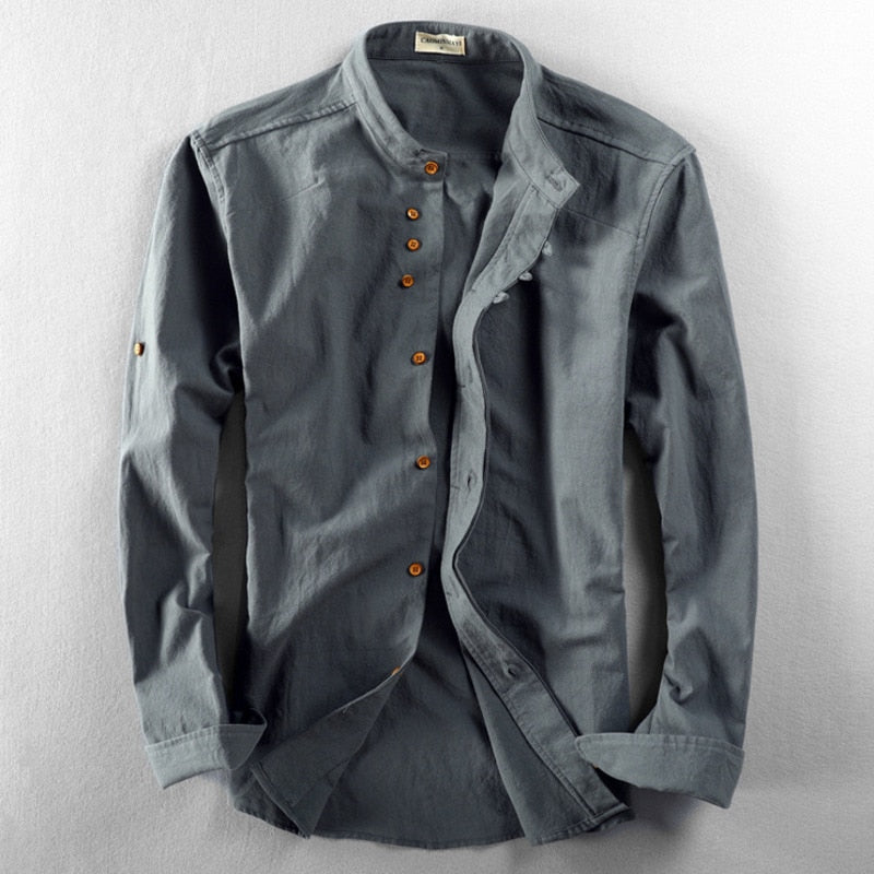 Japan Style Mens Linen Cotton Shirt Harajuku Stand Collar Long Sleeve