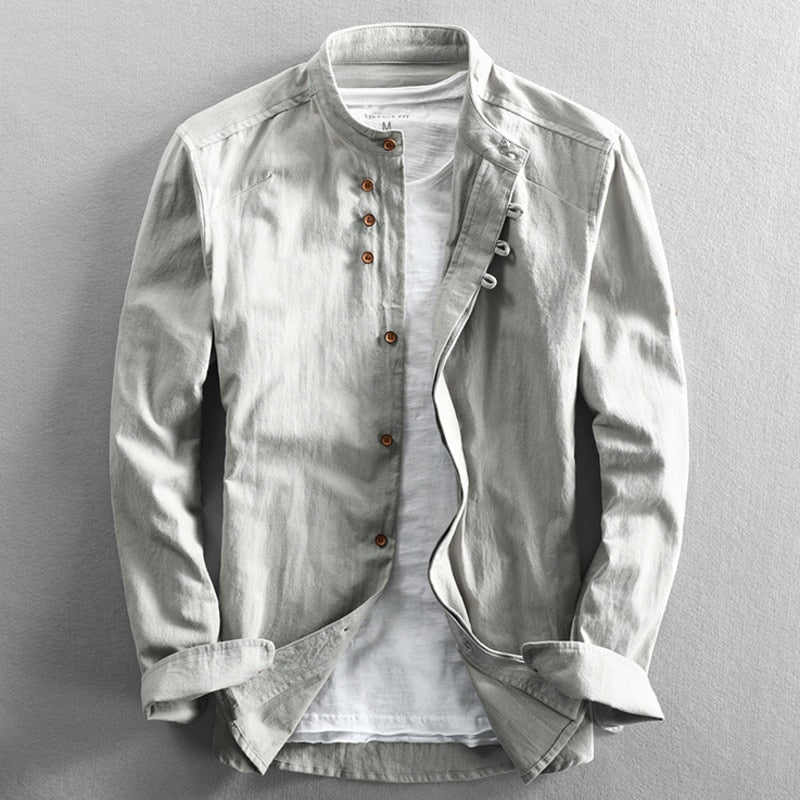 Japan Style Mens Linen Cotton Shirt Harajuku Stand Collar Long Sleeve