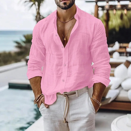 Cotton Linen Shirt for Men Summer Beach Style Solid Color Single
