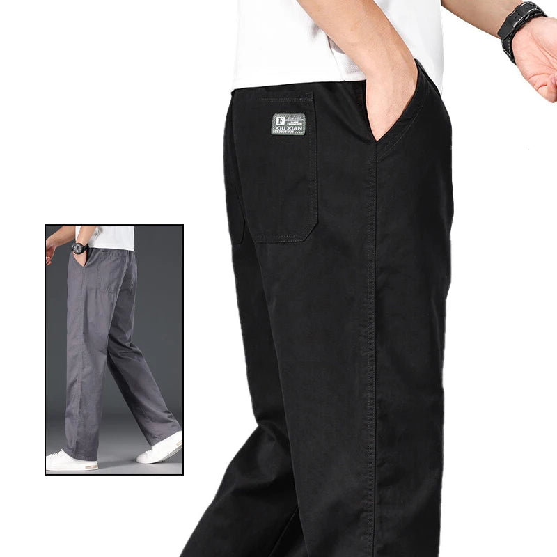 Big Size Mens Casual Pants Relaxed Fit Cotton Trousers Elastic Waist
