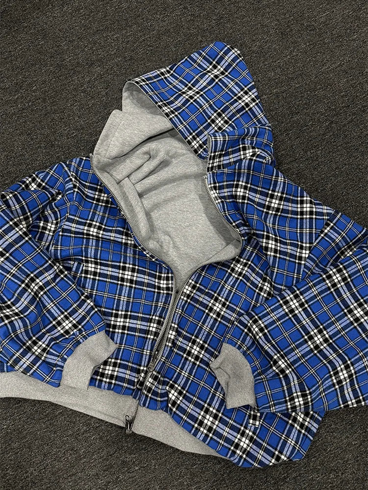 Winter Casual Plaid Print Hoodie Women's Warm Zip-Up Double-Sided Wear