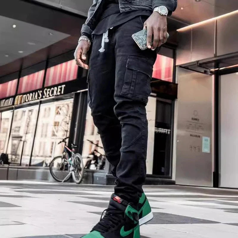 Men Street Elastic Denim Jeans Wash Solid Color Multi Pockets Cargo