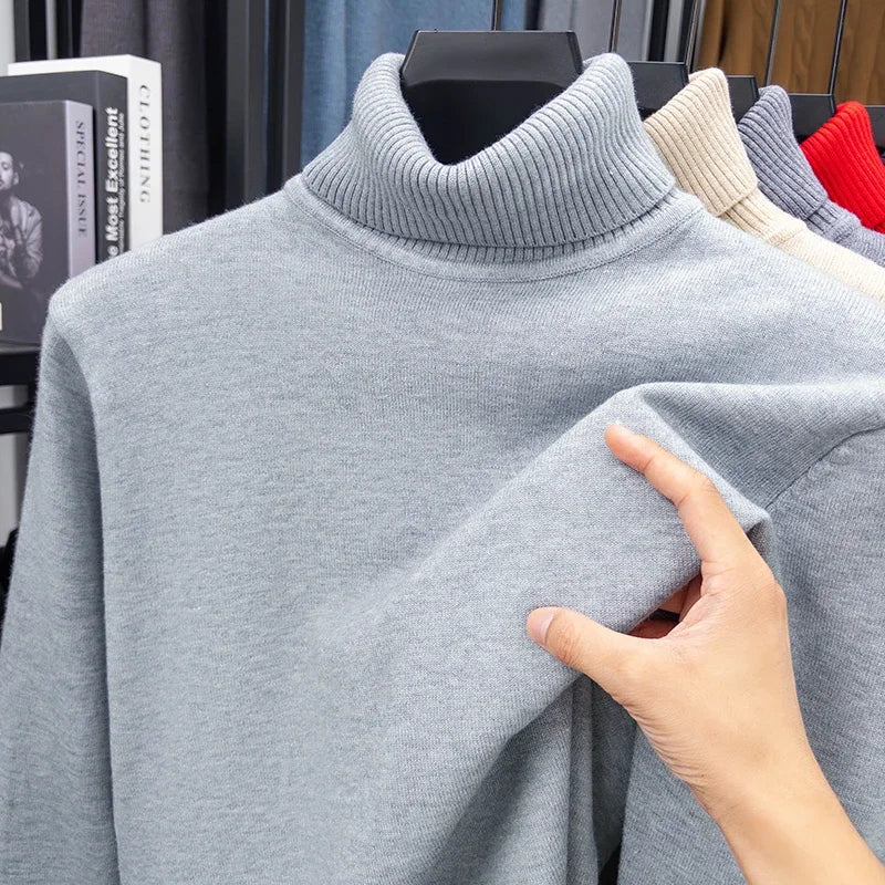 Autumn Mens High Quality Knitted Turtleneck Sweater Slim Fit Long